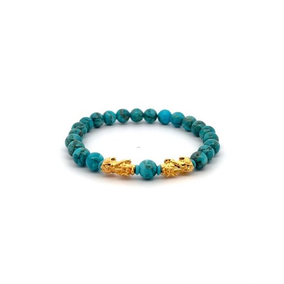 18K Gold Pixiu Double Piyao Bracelet Gemstones December Turquoise Birthstone 6mm - Picture 1 of 6